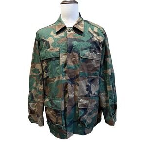 Vintage US Military Combat Coat Mens Large Regular Camo Woodland BDU Jacket FLAW